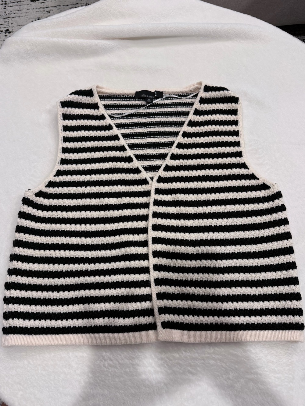Striped V-Neck Knit Vest in Black and Cream
